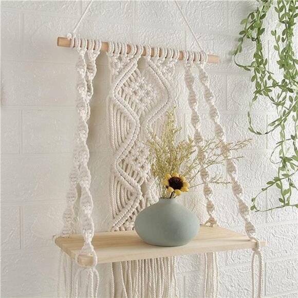 Macrame Wall Hanging Plant Decor Shelf Indoor Outdoor Floating Wood shelve - Picture 3 of 7